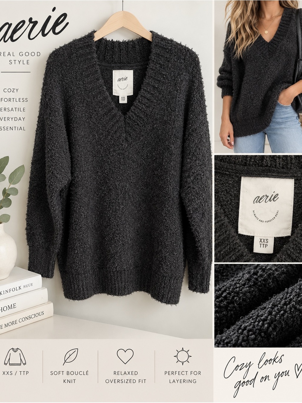 Aerie Teddy Bouclé Sweater True Black Oversized V-Neck XXS
